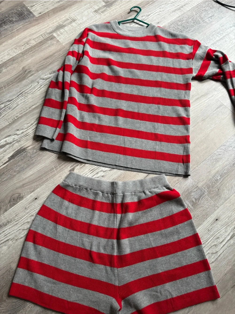 Gray & Red Striped Crewneck Sweater and shorts set